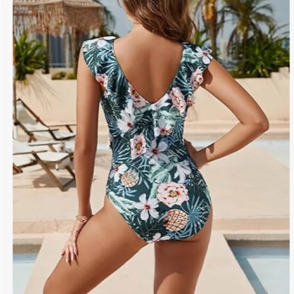 Blooming Jelly V-Neck Ruffle Trim Tummy Slimming Swimsuit - Picture 3 of 13